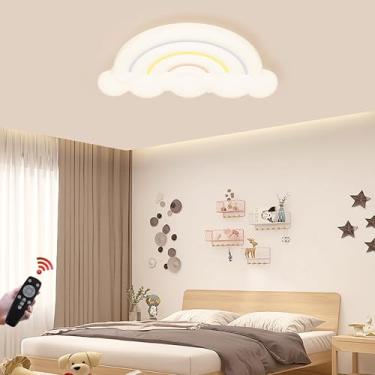 Imagem de Luminária de teto LED moderna e criativa com nuvens e arco-íris, 50W, ajustável, com controle remoto e intensidade regulável, ideal para quarto infantil.