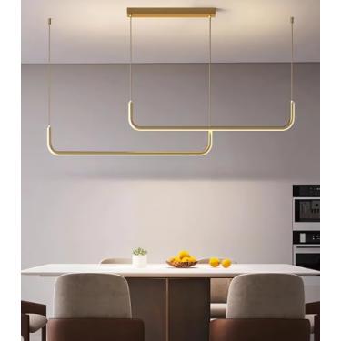 Imagem de Luminária pendente LED moderna e simples em formato de U, com altura ajustável, 120 cm, dimerizável, com controle remoto, ideal para sala de jantar, escritório e bar (dourada, B120)