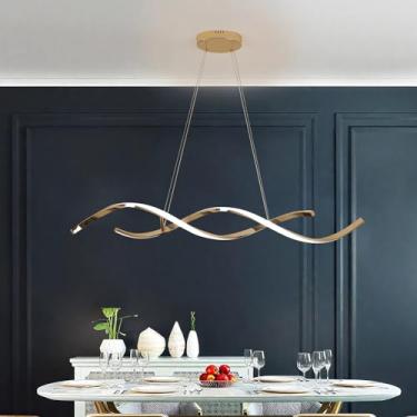 Imagem de Luminária pendente LED moderna e criativa, estilo linear, 3000k-6000k, dimerizável, com controle remoto, altura ajustável, ideal para mesa de jantar, bar e café (dourada)