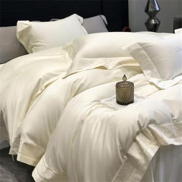 Imagem de Conjunto de cama natural e suave para a pele, com bordado na borda larga, incluindo capa de edredom, lençol e fronha (4 peças), branco creme, lençol de baixo com elástico (1,8 m).