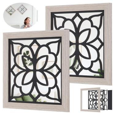 Imagem de 2 peças de decoração de espelho de parede quadrado boho, espelho rústico de 30 x 30 cm, espelhos decorativos de madeira pequenos, espelhos de estilo vintage inquebráveis para entrada, quarto, sala de
