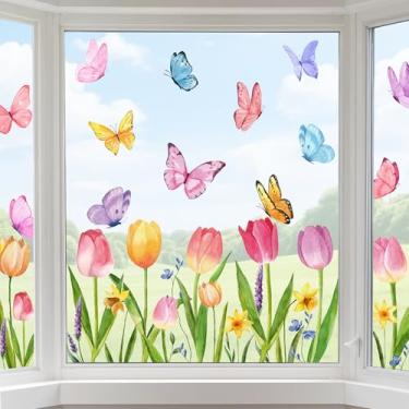 Imagem de Adesivos de janela de mola com 8 folhas de aquarela tulipa floral dupla face adesivos de janela grande reutilizável colorido borboleta decalques para janelas para festa de primavera, casa, escola