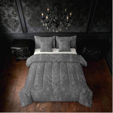 Imagem de Erosebridal Jogo de cama Queen com estampa de damasco cinza para adultos, exótico, antigo, vitoriano, barroco, vintage, floral, edredom boêmio, para quarto de adolescentes, cinza carvão