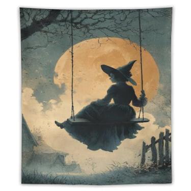 Imagem de Tapeçaria assustadora de Halloween bruxa no balanço laranja lua cheia campo assustador decoração de parede sala de estar quarto decoração de casa exclusivo tecido pendurado tapeçaria 127 x 152 cm