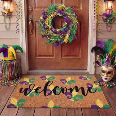 Imagem de Tingjoo 2 peças de tapete de porta de coco de carnaval e guirlanda de glitter roxo verde amarelo para porta da frente, tapete de boas-vindas para decoração de carnaval para decoração de entrada de