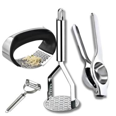 Imagem de Amassador de Batata,Amassador de Alho,Espremedor de Limão e Descascador de Batata Aço Inox/Kit Cozinha 4 em 1