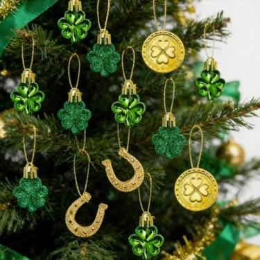 Imagem de 18 peças de enfeites de trevo do dia de São Patrício, decoração de trevo de ferradura de moeda dourada para primavera, dia irlandês, casa, mesa, árvore, adornos pendurados