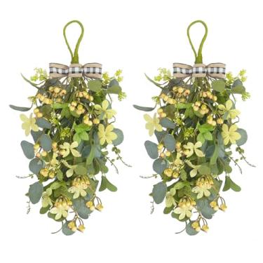 Imagem de Bibelot 2 peças de folhas de eucalipto, grinaldas de gota verde com frutas vermelhas e laço, 50 cm primavera verão floral para porta da frente, parede, cornija e janela