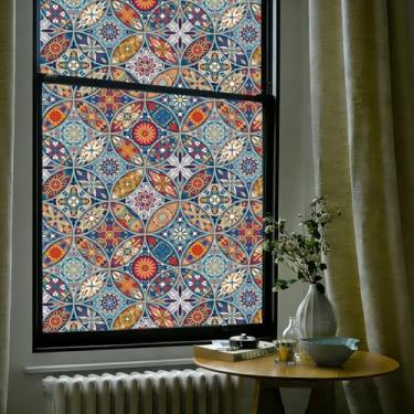 Imagem de OHTMERU Película decorativa de privacidade para janela de vitral, adesivo de vidro fosco com aderência estática, opaco, controle de calor, bloqueio UV, filme Boho para janela para porta da frente