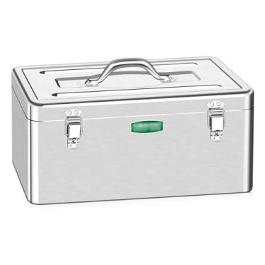 Imagem de Caixa de armazenamento de metal prateado caixa de armazenamento de metal organizador portátil estojo de armazenamento de ferramentas domésticas com bandeja removível e alças de transporte organização