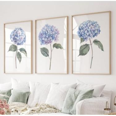 Imagem de Pôster de hortênsia azul claro de 3 peças com estampas florais azuis, arte de parede, arte minimalista, pintura em tela botânica, aquarela, arte emoldurada para decoração de sala de estar com moldura