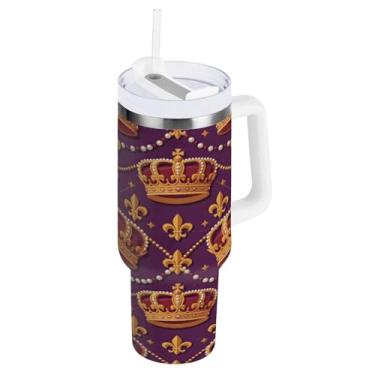 Imagem de Blueangle Copo isolado com coroa de carnaval de 1,134 g com alça e tampa de palha, caneca de viagem reutilizável de aço inoxidável (875)