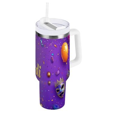 Imagem de Blueangle Copo isolado de máscara colorida Mardi Gras de 1,134 g com alça e tampa de palha, caneca de viagem reutilizável de aço inoxidável (149)