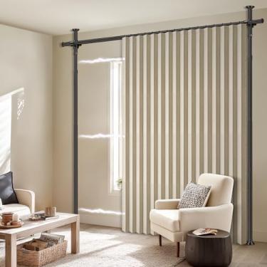 Imagem de AJAZZ Cortinas blackout 100% para quarto, bege, L 250 x C 213 cm, 1 painel + hastes de cortina sem perfuração, tensão ajustável (H) 103-120 × (L) 89-254 cm, divisória de parede de quarto para