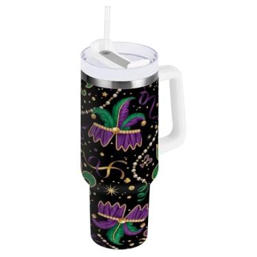 Imagem de Blueangle Copo isolado carnaval carnaval 1,134 g com alça e tampa de palha, caneca de viagem reutilizável de aço inoxidável (554)