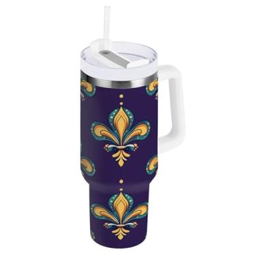 Imagem de Blueangle Copo isolado para Mardi Gras de 1,134 g com alça e tampa de palha, caneca de viagem reutilizável de aço inoxidável (122)