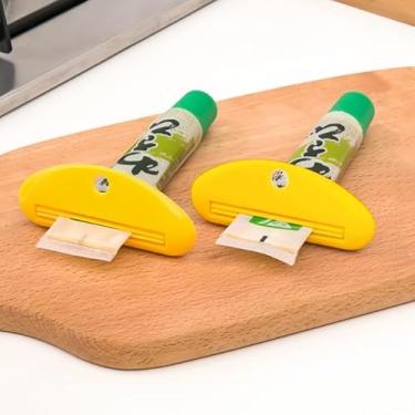 Imagem de Dispensador de espremedor de pasta de dente, plástico, fácil de espremer, manual, leve, pacote com 4 para banheiro, viagem, dormitório, escritório, organização, amarelo