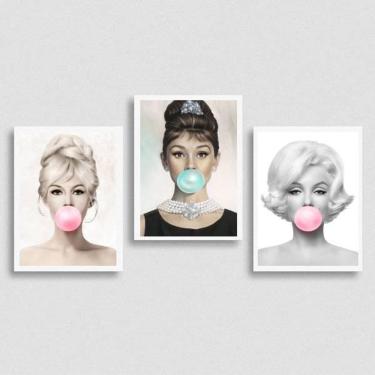 Imagem de Kit 3 Quadros Marilyn Audrey Bridgit Chiclete 45X34 Branca