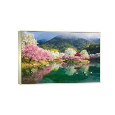 Imagem de Impressão em tela de paisagem pronta para pendurar - árvore lago montanha - pintura de arte de parede - decoração moderna para casa quadro prata 20 x 30 cm 8 x 12 pol