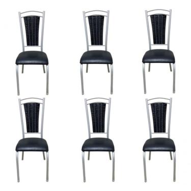 Imagem de Kit 6 Cadeiras Cozinha Aço Tubolar Confortável Jantar Preto e Branco Tecido Liso