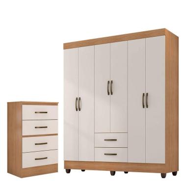 Imagem de Kit Guarda-roupa Casal 6 Portas Com Cômoda 4 Gavetas Lisa Nature/off White