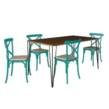 Imagem de Conjunto De Mesa Elen Retangular 150X90Cm Amêndoa Com 4 Cadeiras Katrina Azul Turqu - Marrom