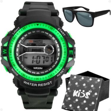 Imagem de Relogio Digital Infantil Preto Led Caixa + Oculos Sol Proteção Uv Cronometro Criança Esportivo Data