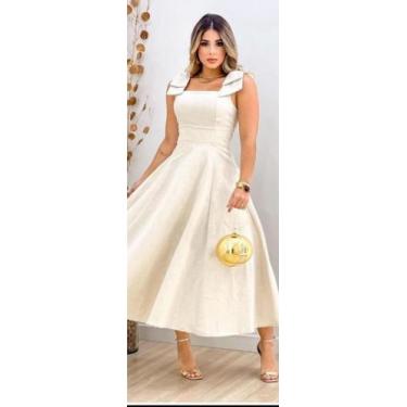 Imagem de Vestido de linho Longo com laço feminino - Dinamotiom, Cru, Bege, M(38