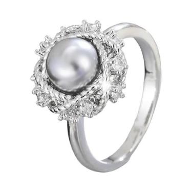 Imagem de Anel Elegante Feminino Com Pérola Imitada E Zircônia Para Festas E Cas