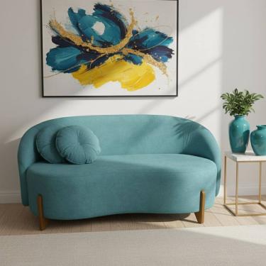 Imagem de Sofá Orgânico 2 Lugares C/2 Almofadas Curvo Sala Recepção Amsterdã Suede Azul Turquesa...
