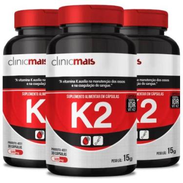Imagem de KIT 3X Vitamina K2 MK7 Menaquinona-7 30 Cápsulas - Clinicmais - Clinci