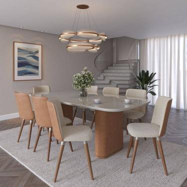 Imagem de Conjunto Sala de Jantar Lintz Retangular com 8 Cadeiras Giratórias com Pés em Madeira Maciça Dakota Off-White com Caramelo