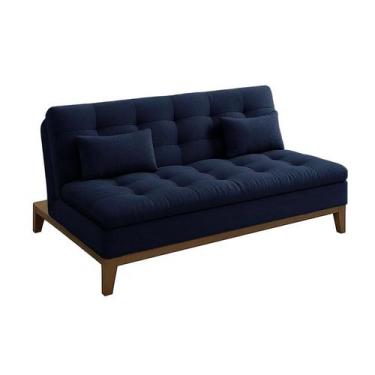 Imagem de Sofá-Cama Casal 3 Lugares Premium Base e Pés de Madeira Linho Azul Mar
