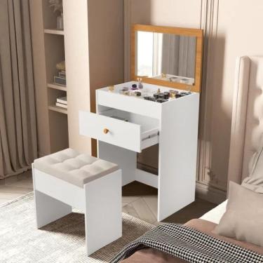 Imagem de Penteadeira Camarim MDF Branco Nature com Espelho, Gaveta e Banqueta -