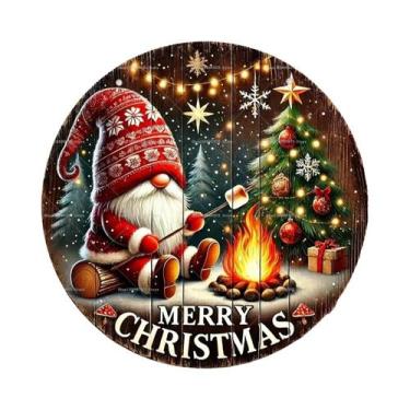 Imagem de Placa De Madeira Feliz Natal 2D Com Gnomo E Boneco De Neve Para Pendur