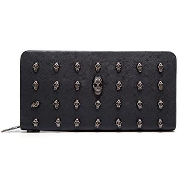 Imagem de SHANGRONG Carteira feminina com zíper, decoração de caveira única, bolsa feminina com zíper, armazenamento multicartão, adequada para passeios e presentes, preta, Preto, Retrô