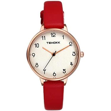 Imagem de Relógios para mulheres e meninas simples de quartzo analógico com números arábicos, mostrador grande, relógio de pulso confortável com pulseira de couro, Vermelho