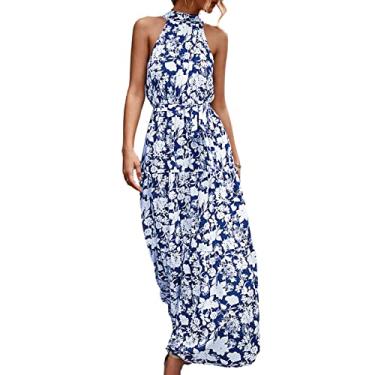 Imagem de Vestido Longo Decote Frente única Sem Mangas Estampa Respirável Vestido Longo de Verão Feminino (Estampa floral azul)