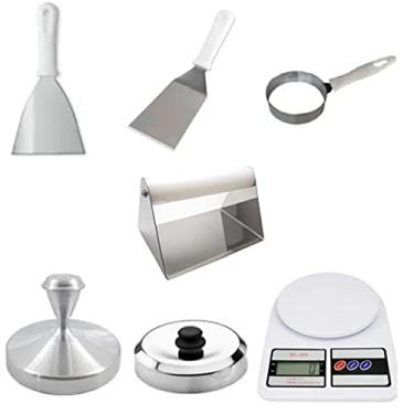 Imagem de UDBRAS Kit de Cozinha para Hambúrguer e Ovos - Espatula, Abafador, Balança, Smash Burger - Aço Inox