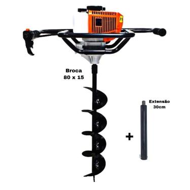 Imagem de KIT Perfurador de Solo Vulcan VPS520-S 2T 52CC 2,5HP com Broca 80x15cm + Extensão Vulcan 30cm com Pino Trava