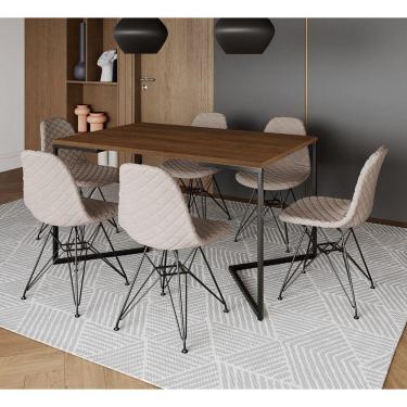 Imagem de Mesa Jantar Industrial Amêndoa 137x90cm Base V com 6 Cadeiras Eames Aço Preto Estofadas Nude Claro