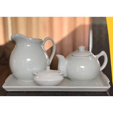 Imagem de Jogo Café e Chá, Bandeja + Bule Chaleira 830ml + Jarra clássica 1,3L + Açucareiro barquinha 100ml - Porcelana Branca