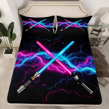 Imagem de Lençol com elástico de sabre de luz azul laranja tamanho queen, lençol de cama neon brilhante relâmpago moda jogos conjunto de cama para crianças meninos meninas adolescentes decoração de quarto, lençol preto chique pacote profundo, 2 fronhas