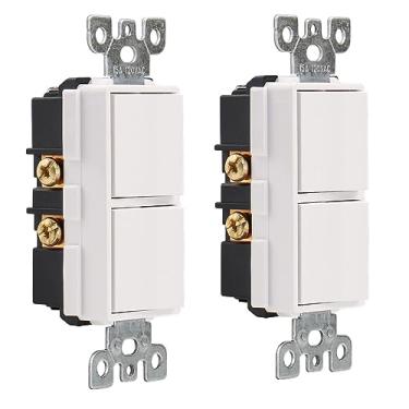 Imagem de Wengart Interruptor decorativo com combinação de balancim duplex, 120-277VAC 15A, terminal de terra, nível residencial/comercial, 2 interruptores individuais, listado pela UL, pacote com 2, branco
