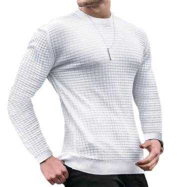 Imagem de KANG POWER Suéter masculino de algodão com gola redonda slim fit casual de malha camiseta masculina de manga longa, Branco, P