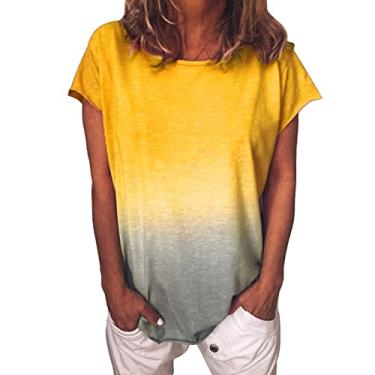 Imagem de Blusa feminina com gola V e manga curta, plus size, para treino, casual, verão, estampada, Y2K, blusas de renda fofas, 045 amarelo, M