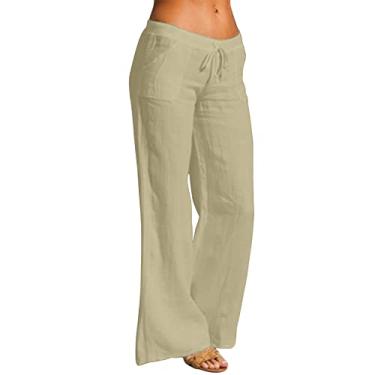 Imagem de Calça flare feminina plus size, cintura alta, calça jeans de algodão de verão, calça social leve para trabalho, Amarelo, GG