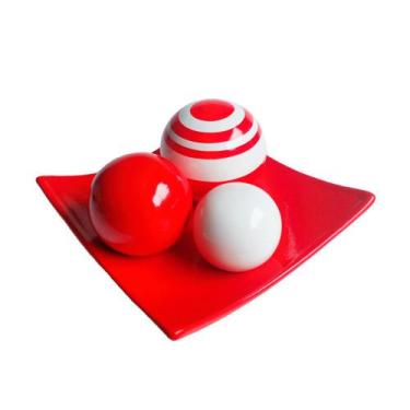 Imagem de Centro De Mesa Prato 3 Esferas Em Cerâmica Premium - Red White - Retro