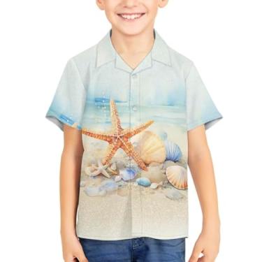 Imagem de Camisetas havaianas com botões de botão para verão unissex infantil manga curta camisa social 3-16 anos Tropical Aloha Shirts, Concha, estrela-do-mar, 13-14 Years