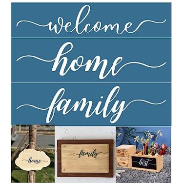 Imagem de Alinacutle Estêncil serigrafia, serigrafia autoadesiva reutilizável, modelo de letras, para impressão em madeira/tecido/papel, decoração de casa, 21,5 x 28 cm (bem-vindo, casa, família)